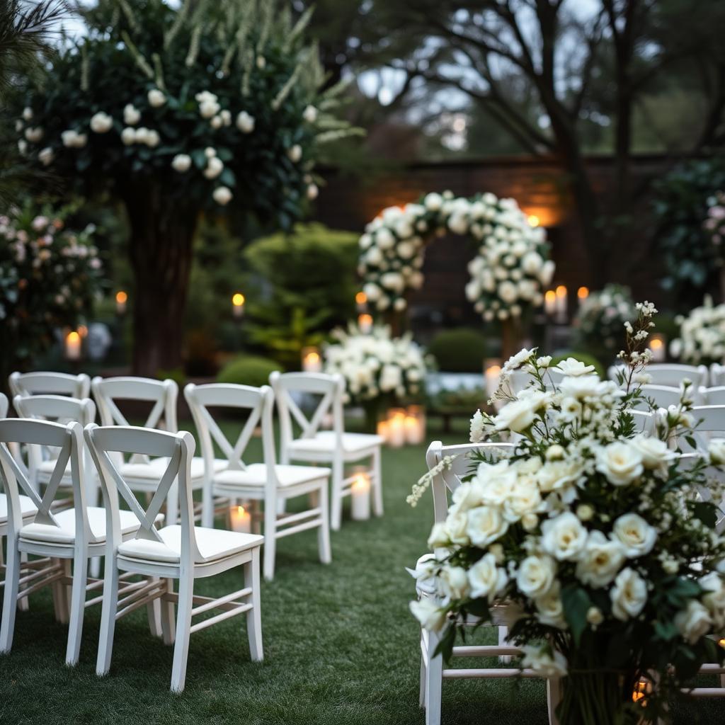 White chairs and candles arranged in a quiet garden for a memorial