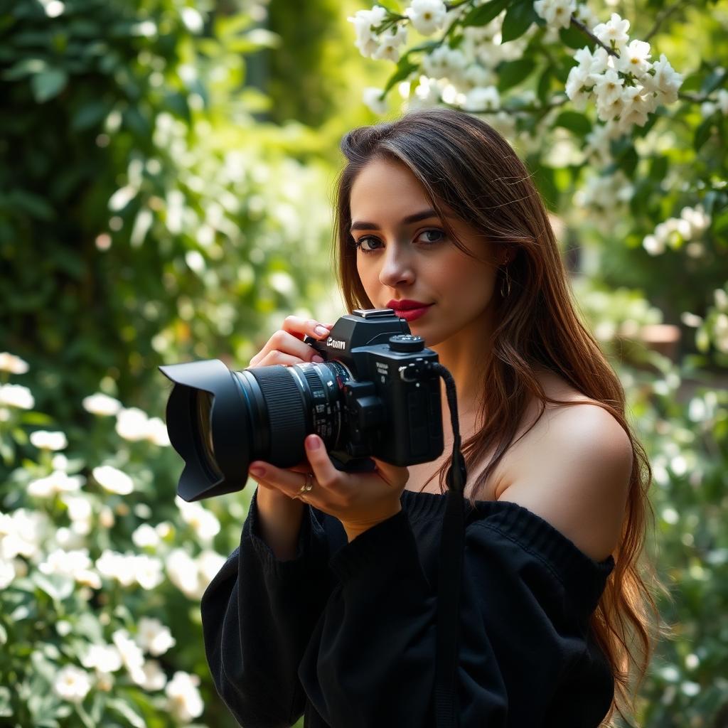 Photographer shooting a portrait session among garden greenery
