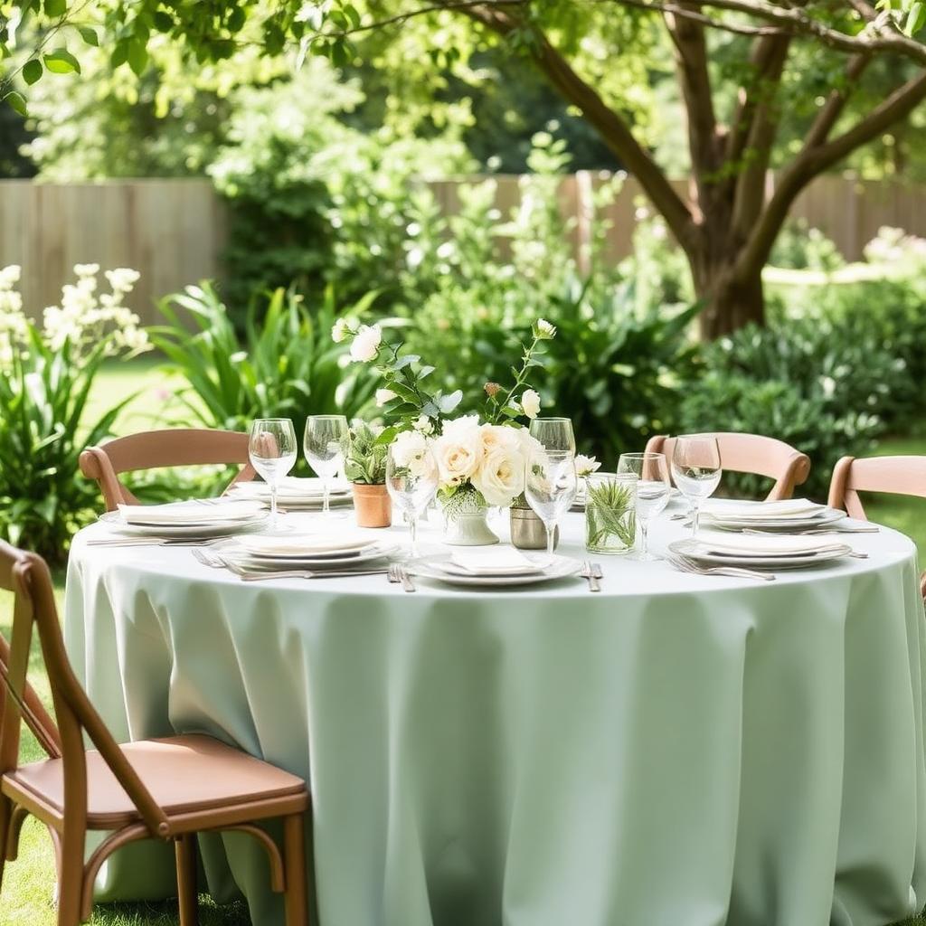 Shaded garden table set with sage linens and pastel florals
